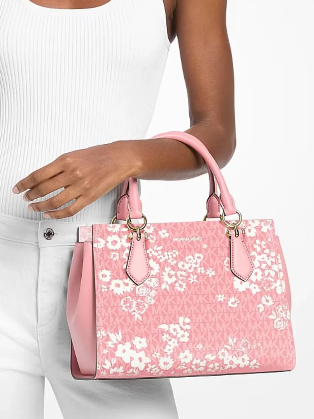 MICHAEL KORS Marilyn Md Printed Signature Logo Satchel Crossbody 
Carnation 
NWT - Picture 10 of 16